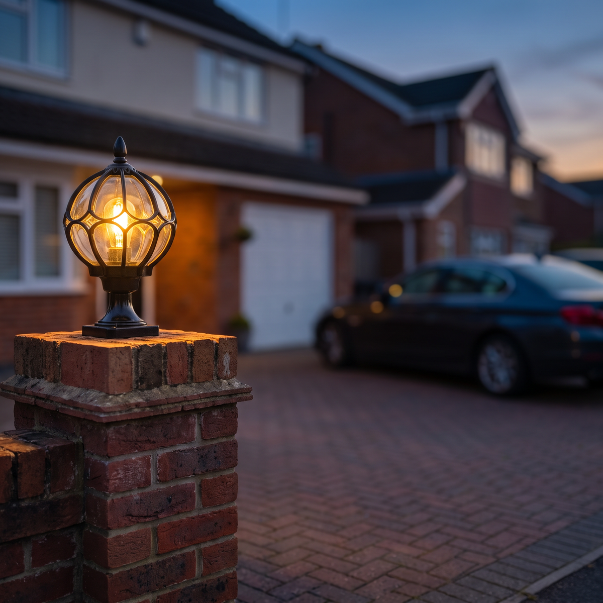 Paalverlichting op oprit pilaar in de schemering