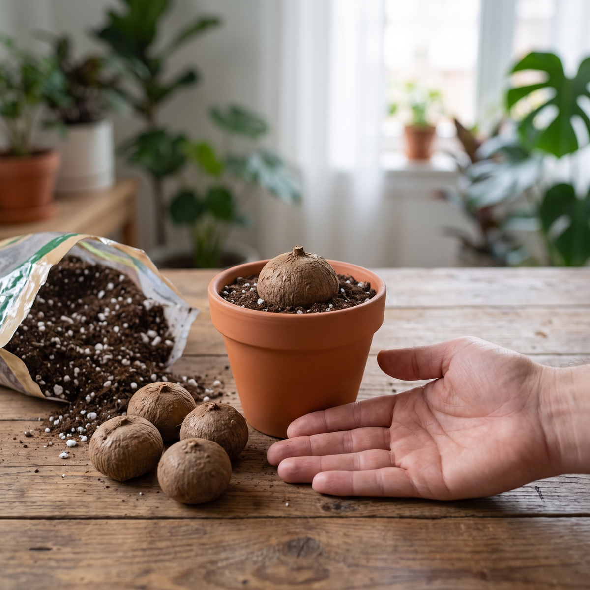 Stephania Erecta knollen naast pot en potgrond