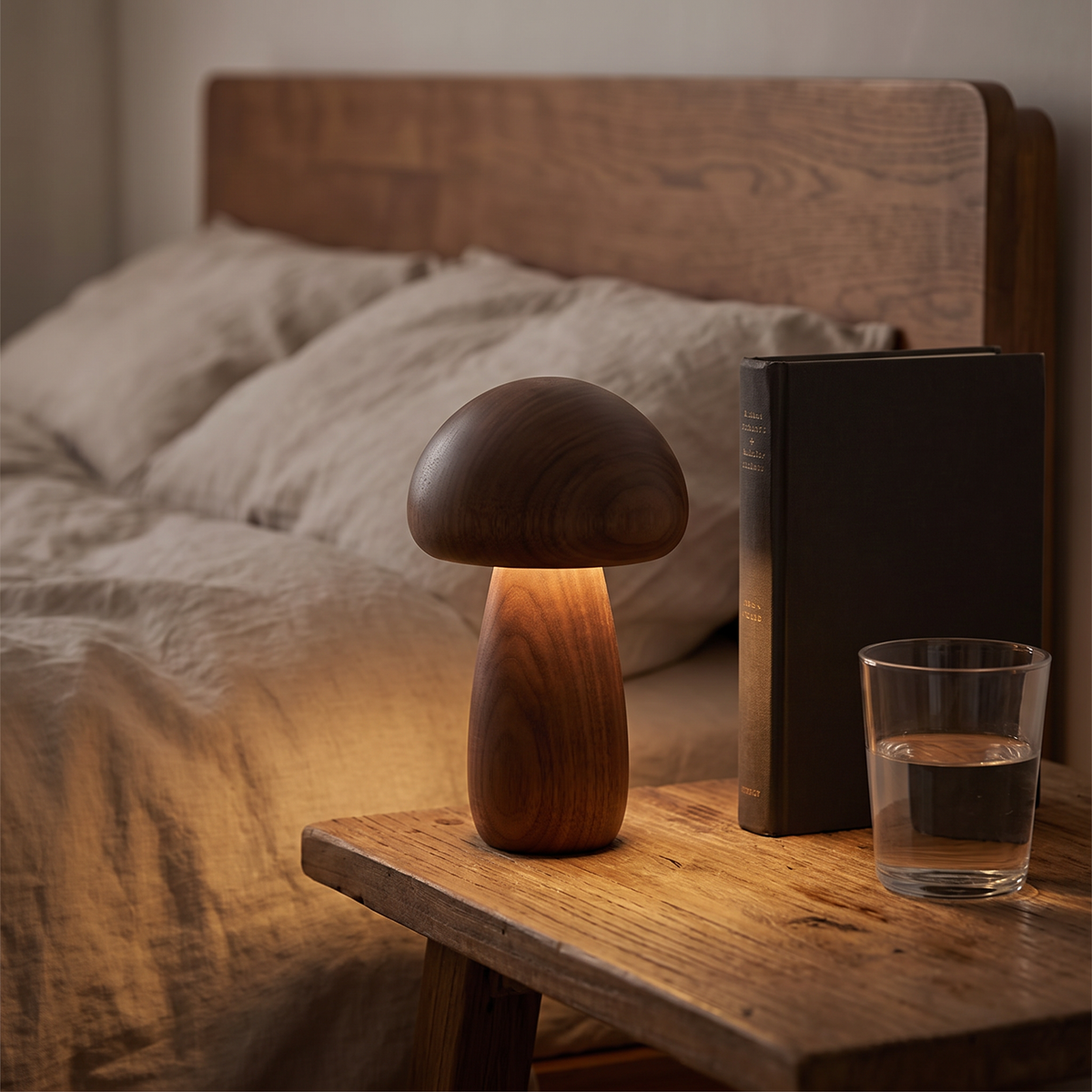 Houten paddenstoel tafellamp op nachtkastje