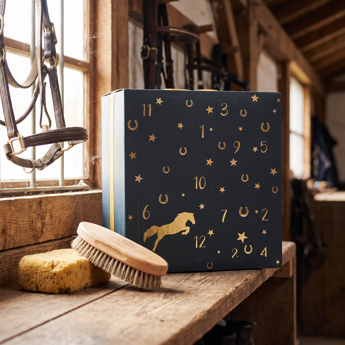 Adventskalender paardenverzorging op plank in de stal