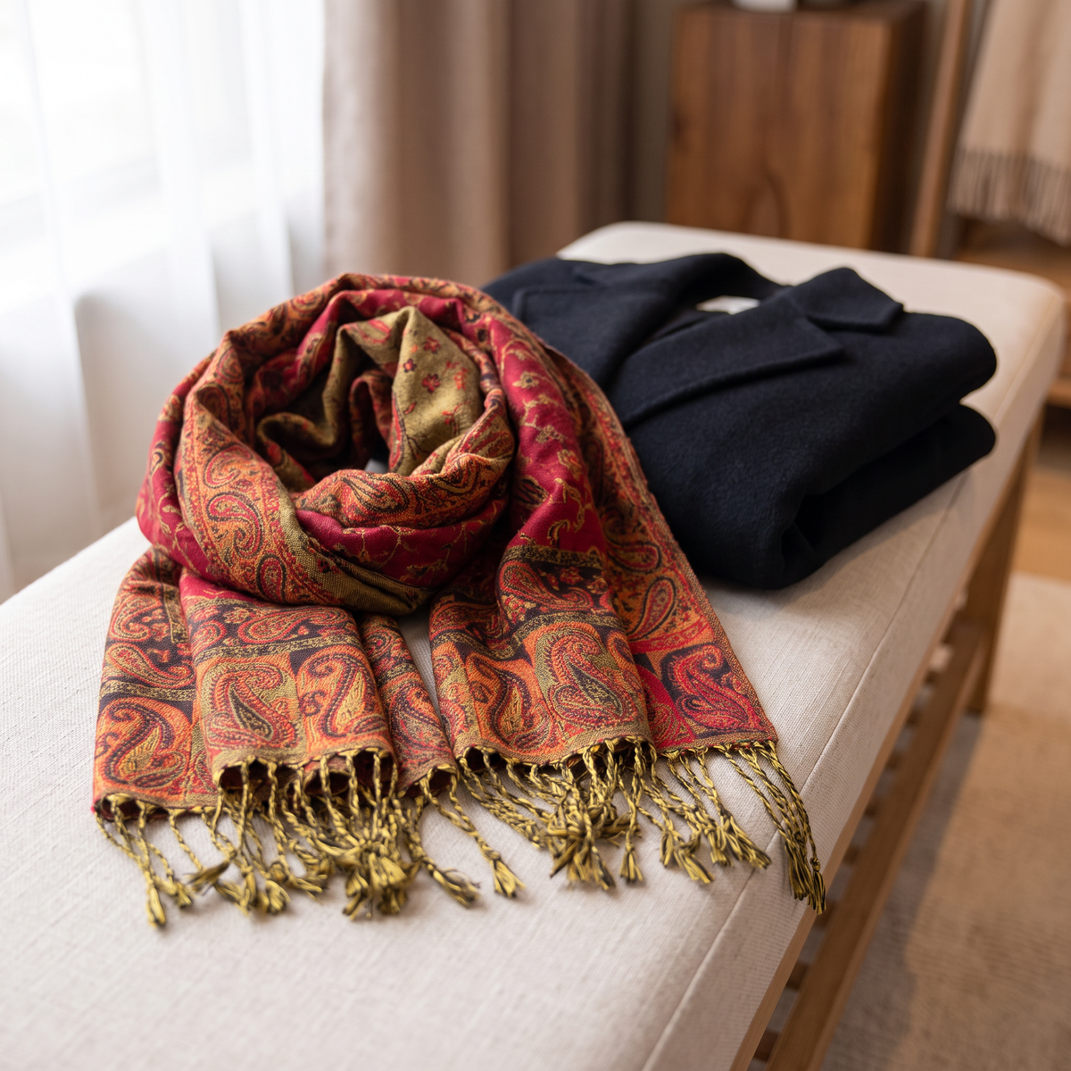 Pashmina gevouwen op een bankje naast een jas