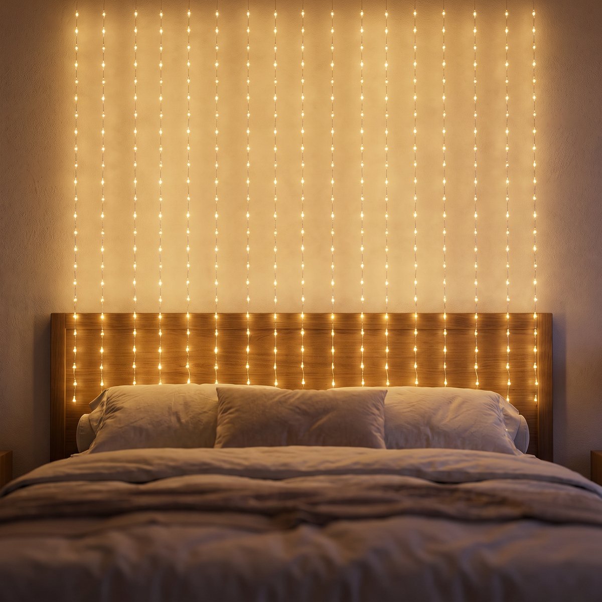 Lichtgordijn achter een bed in de slaapkamer