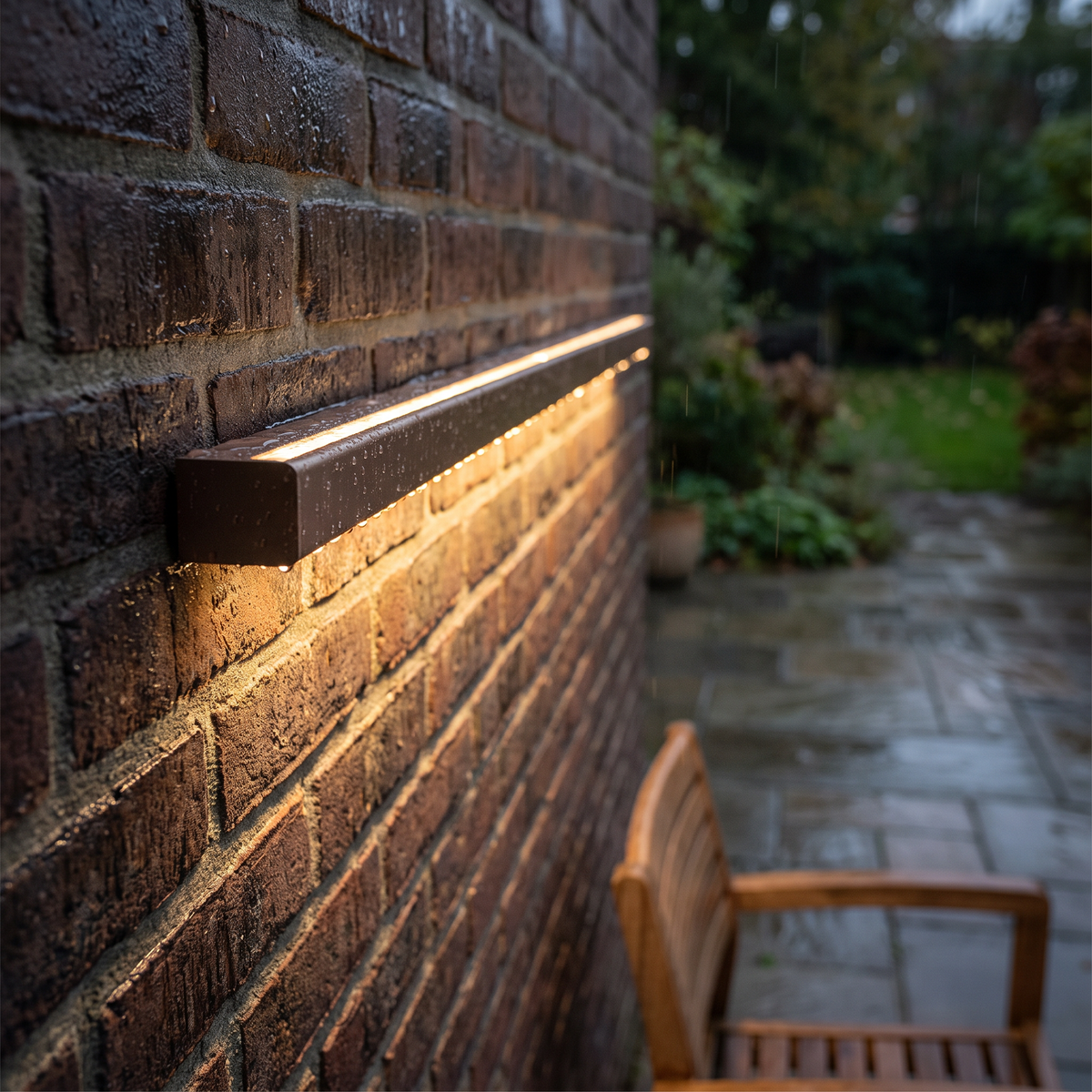 Lineaire buitenwandlamp op een tuinmuur boven een terras