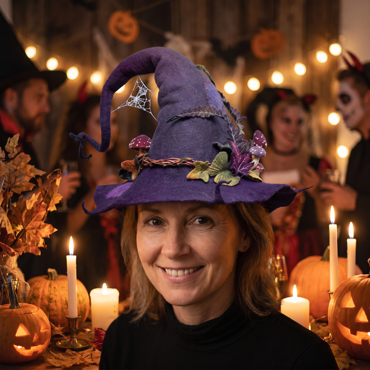 Handgemaakte heksenhoed gedragen op een Halloweenfeest