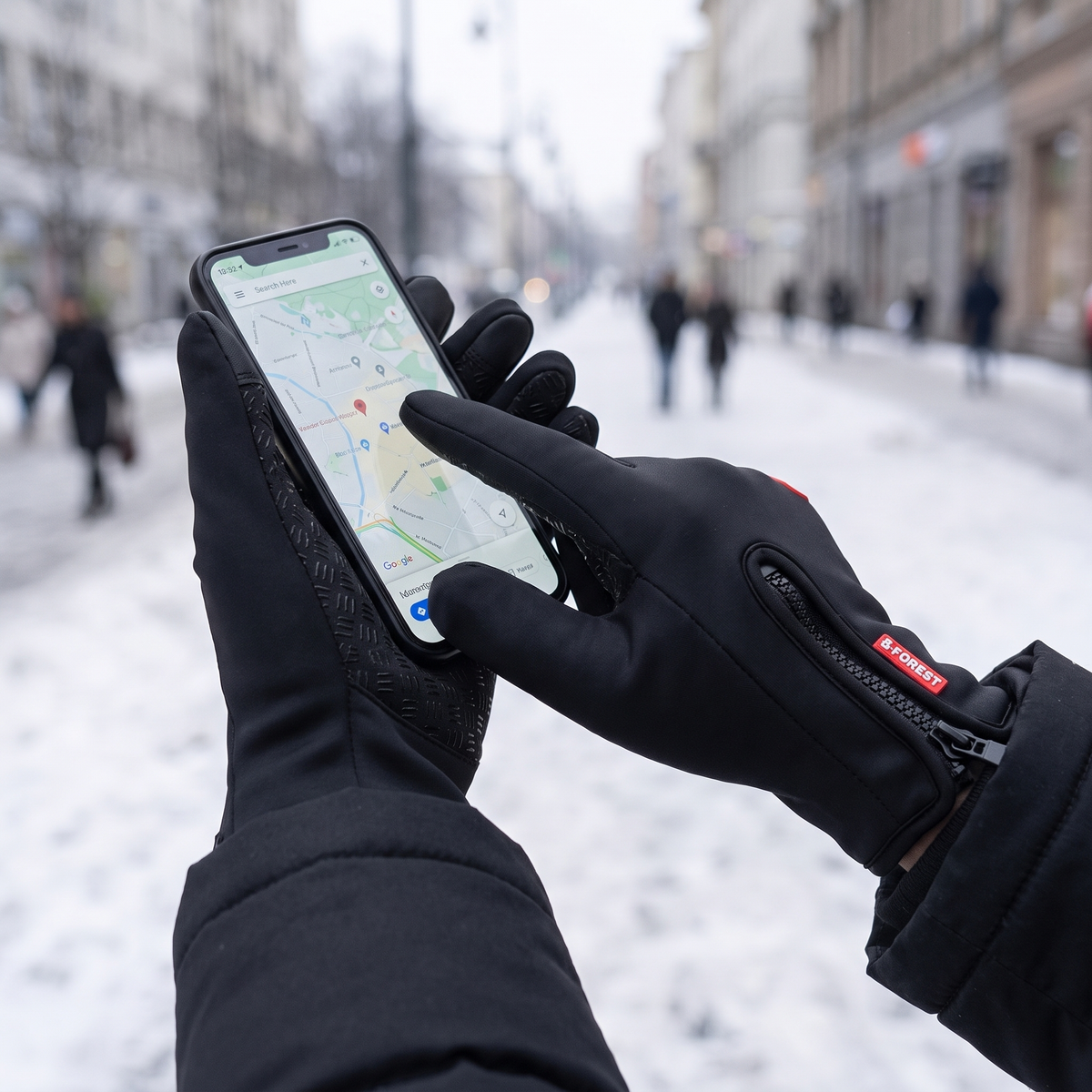 Verwarmde handschoen bedient een smartphone