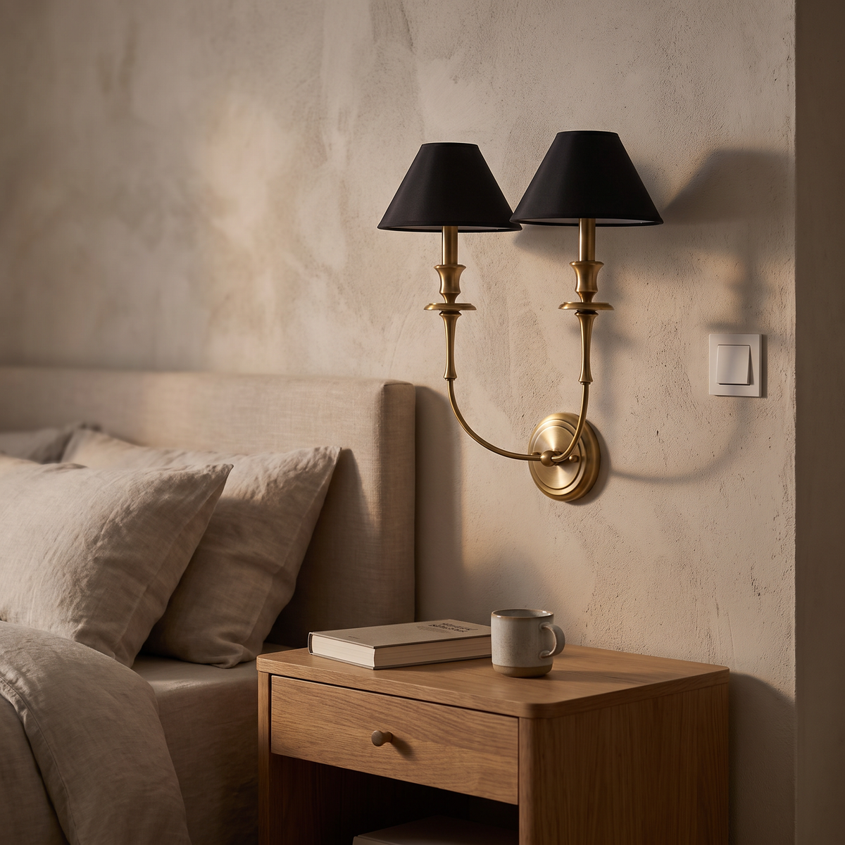 Wandlamp boven bed messing met zwarte stoffen kap in slaapkamer