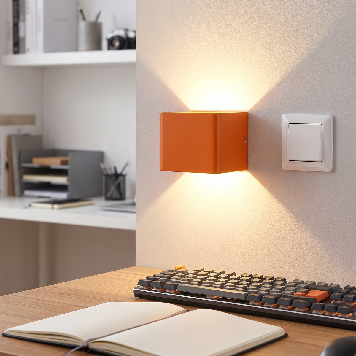 Vierkante wandlamp boven bureau in thuiskantoor