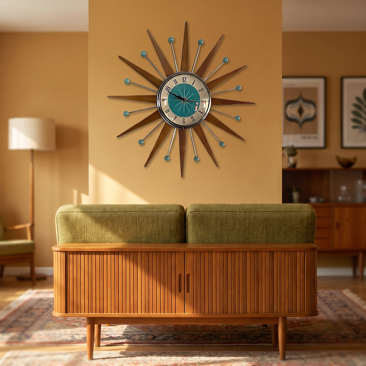 Retro wandklok 40 cm boven bank in woonkamer