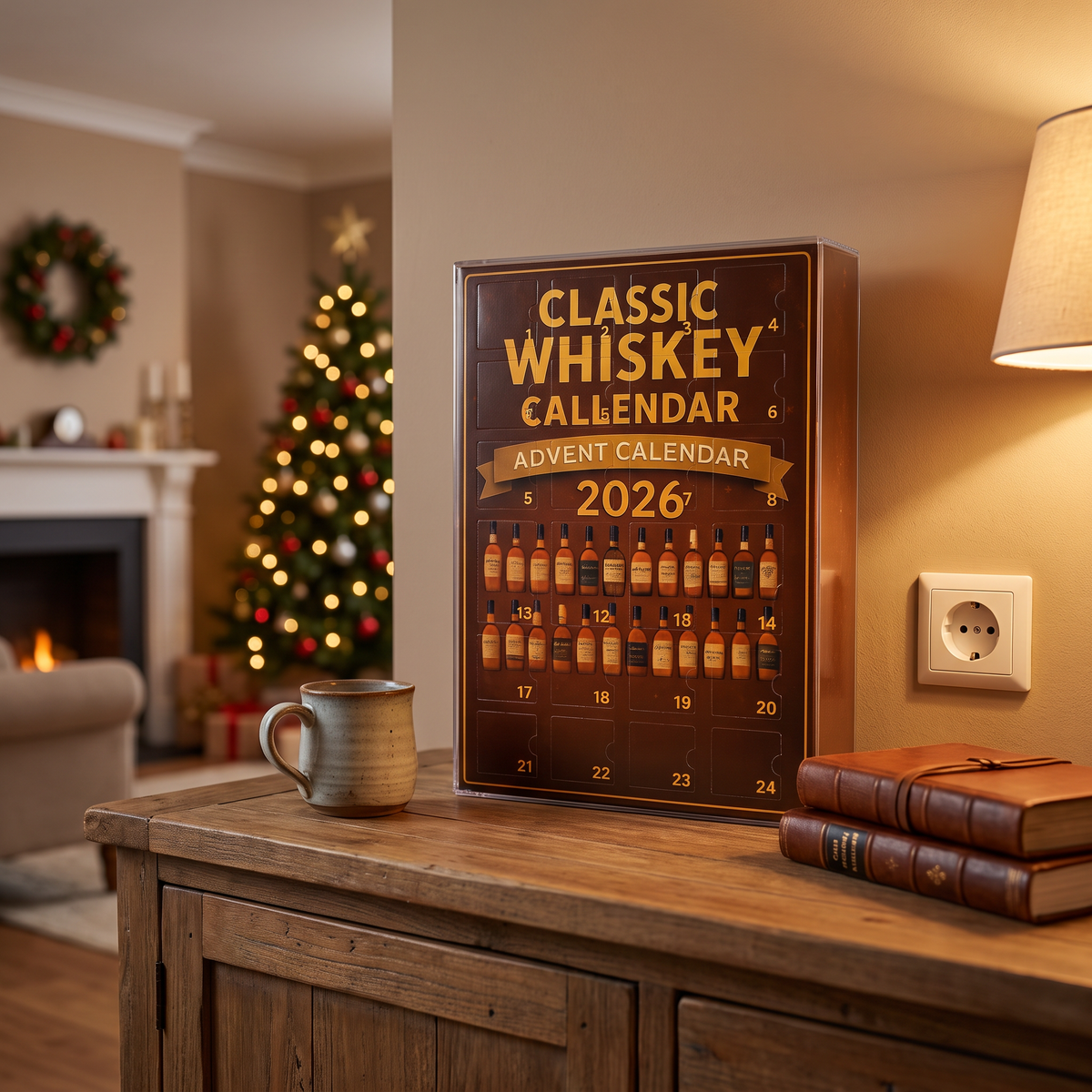 Adventskalender whisky-thema op dressoir in december