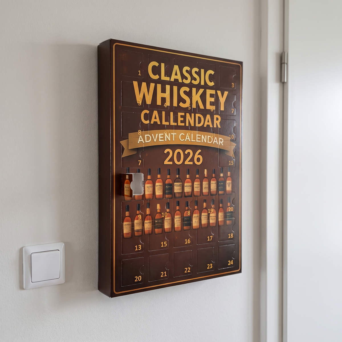 Adventskalender zonder alcohol aan de wand met geopend deurtje