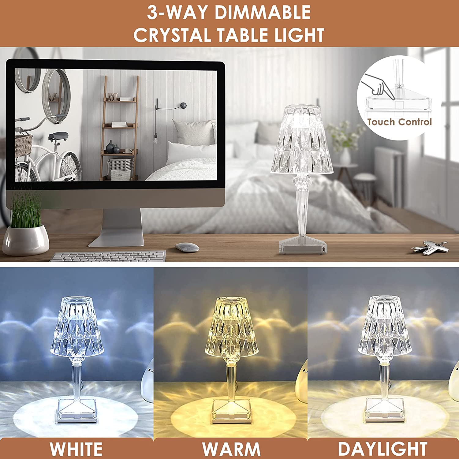 Kristall-Tischleuchte LED Diamant Kabellos Aufladbar Touch Dimmbar Stimmungslicht Wohnzimmer Schlafzimmer | Restfield