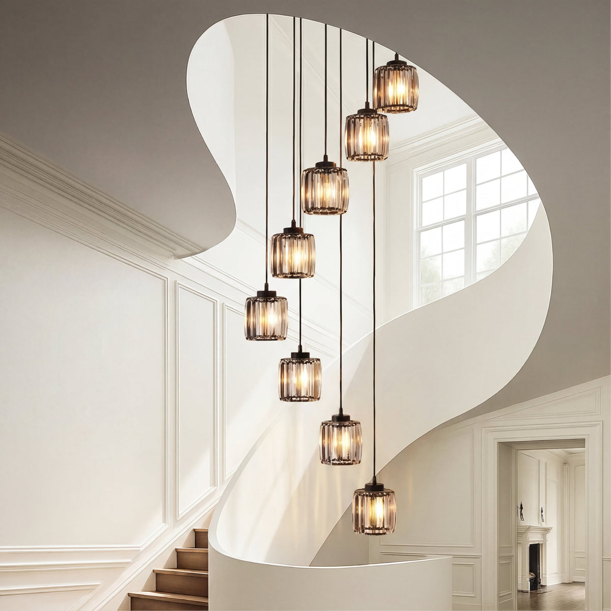 Lustre en cristal à étages, réglable, E27, verre nervuré, lumière chaude, pour grands espaces, entrée moderne et luxueuse | Sansoti