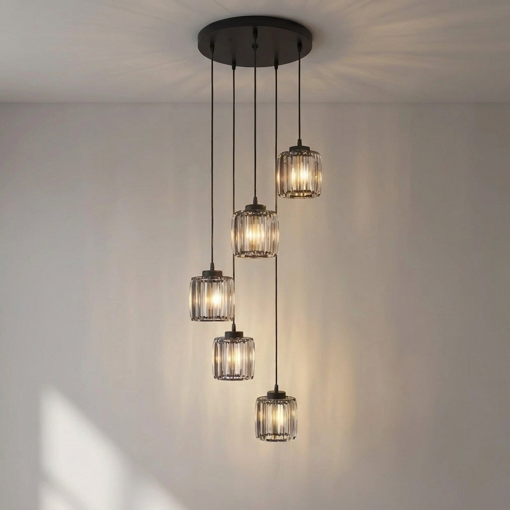 Lustre en cristal à étages, réglable, E27, verre nervuré, lumière chaude, pour grands espaces, entrée moderne et luxueuse | Sansoti