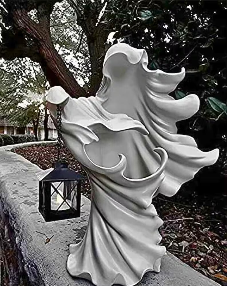 Geisterfigur-Kerzenhalter aus Harz, Weiß und Grau, Halloween-Tischdekoration mit vintage-gotischer Atmosphäre für das Wohnzimmer | Sansoti