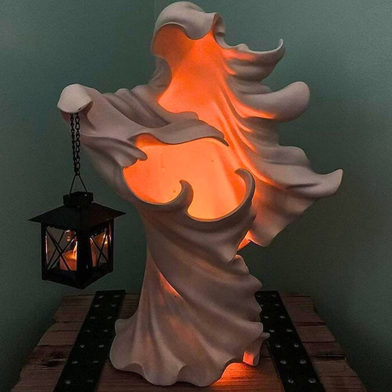 Geisterfigur-Kerzenhalter aus Harz, Weiß und Grau, Halloween-Tischdekoration mit vintage-gotischer Atmosphäre für das Wohnzimmer | Sansoti