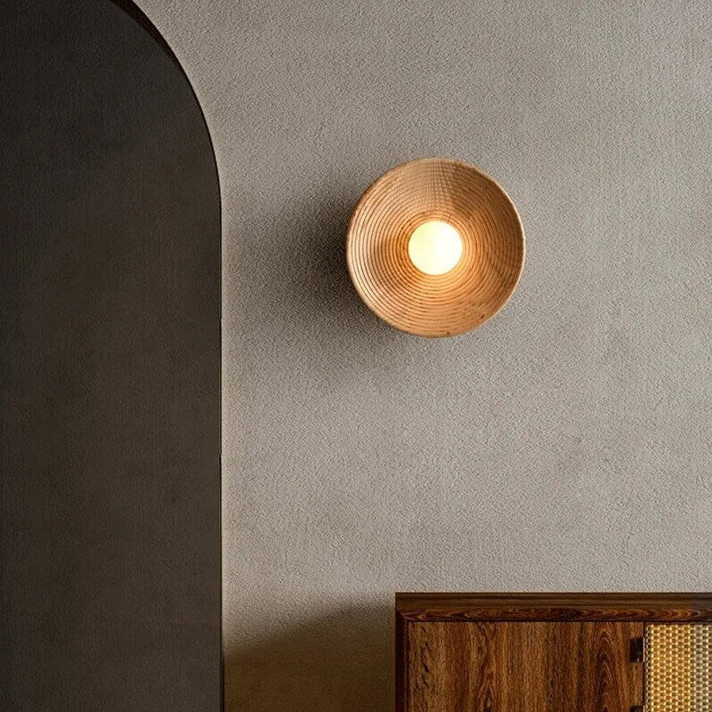 Japandi Wandlamp Hout Glas Rond Retro Vintage 27cm Woonkamer Slaapkamer Hal | Sansoti