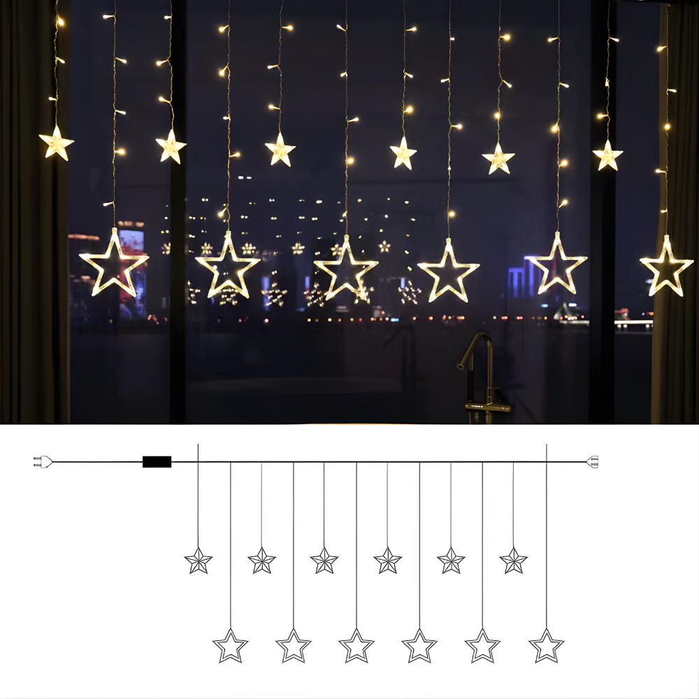 LED Sterrenverlichting Gordijn Warm Wit – 5 Verlichte Sterren met Timerfunctie voor Binnen en Buiten | Sansoti