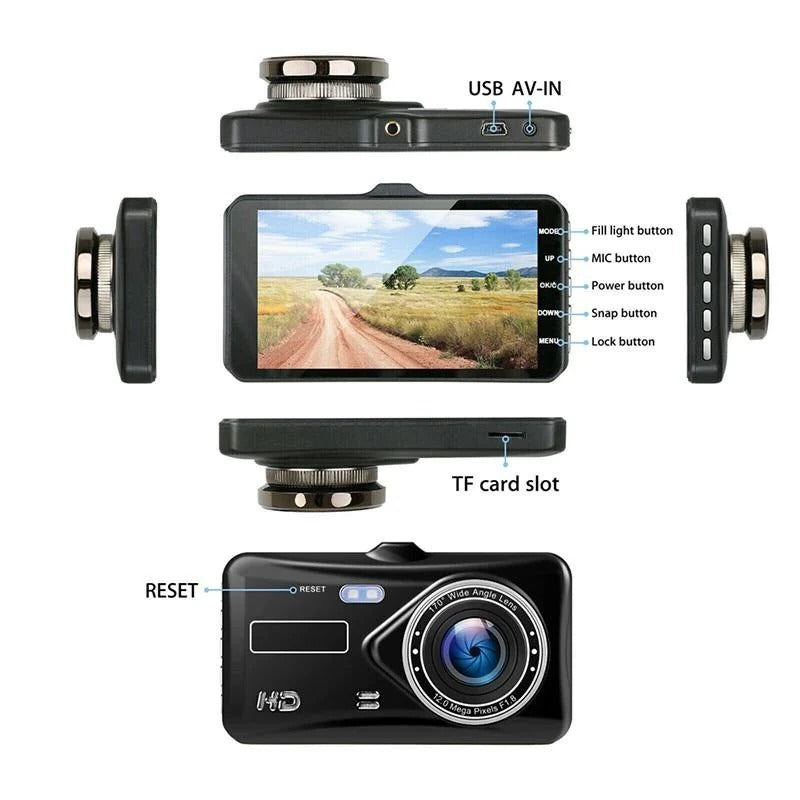 Dashcam Dual-Kamera 1080P Full HD 170° Weitwinkel 4-Zoll-LCD-Bildschirm Auto-Sicherheitsaufnahme Armaturenbrettkamera | Sansoti
