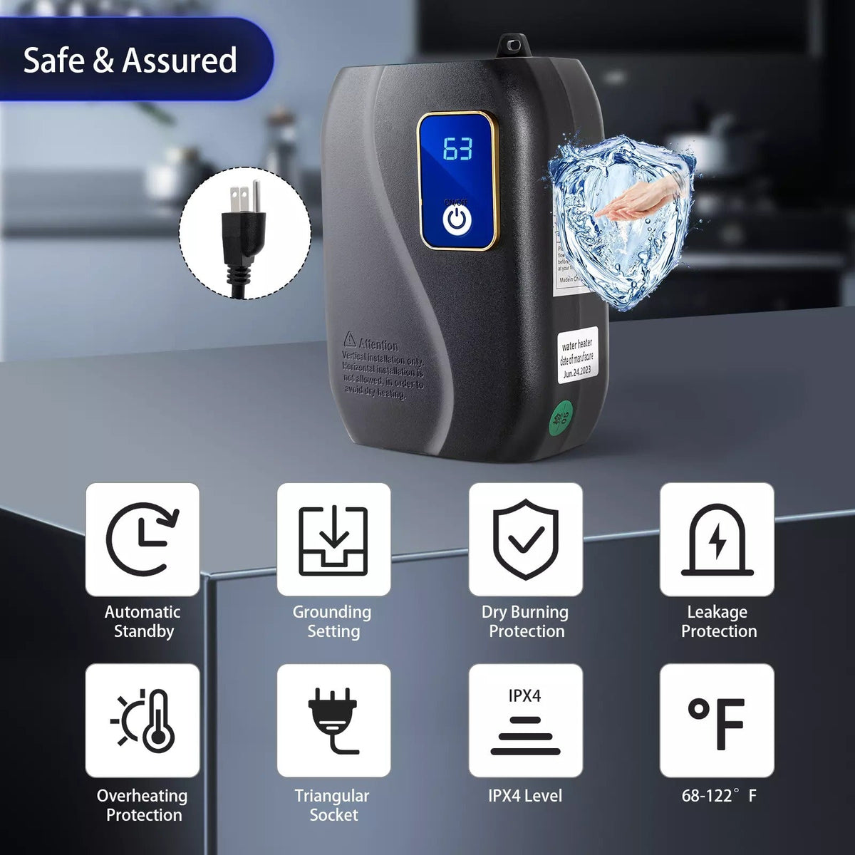 Chauffe-eau électrique instantané sans réservoir, compact, à montage mural, avec température réglable, écran LED et faible consommation d’énergie | Sansoti
