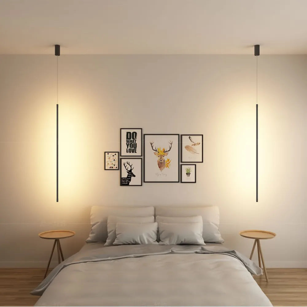 Suspension minimaliste linéaire, lampe de chevet en métal noir à lumière chaude pour chambre, cuisine et salon | Sansoti