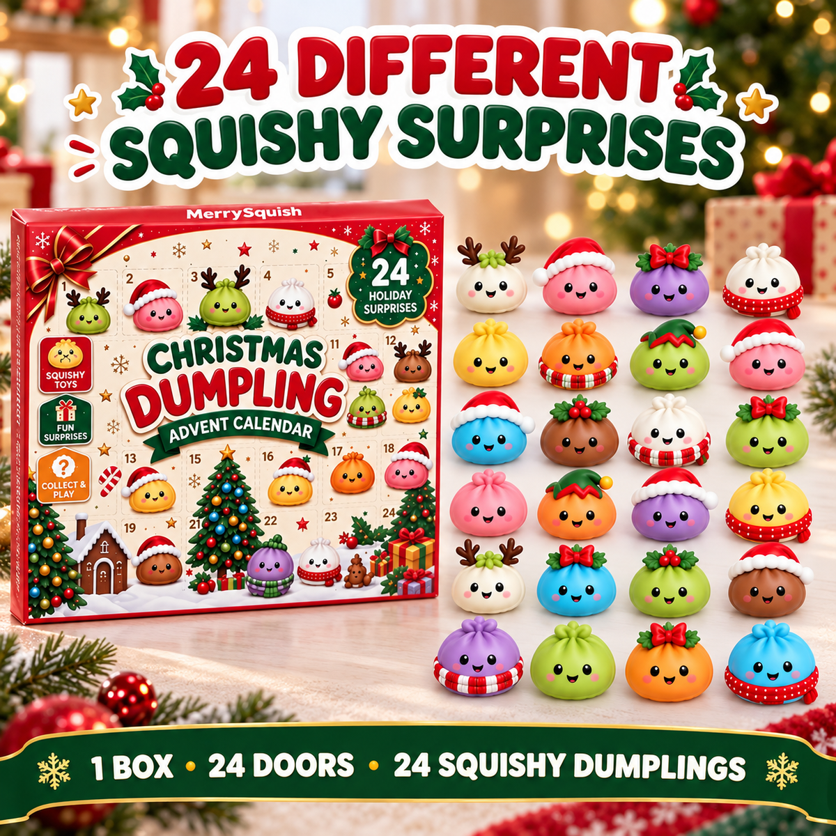 Adventskalender mit 24 kuscheligen Dumplings, weichen Squishies, Weihnachtscountdown-Spielzeug für Kinder und die Feiertage | Sansoti