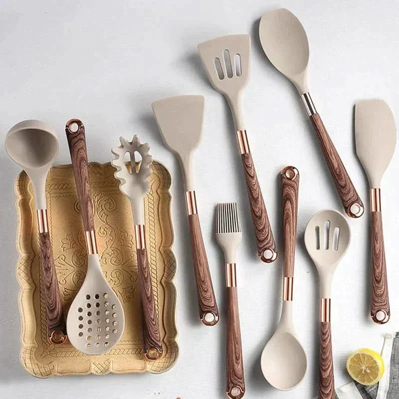 10-teiliges Küchenutensilien-Set aus hitzebeständigem Silikon mit Holzgriffen, antihaftbeschichtetes Kochzubehör, Pfannenwender | Sansoti