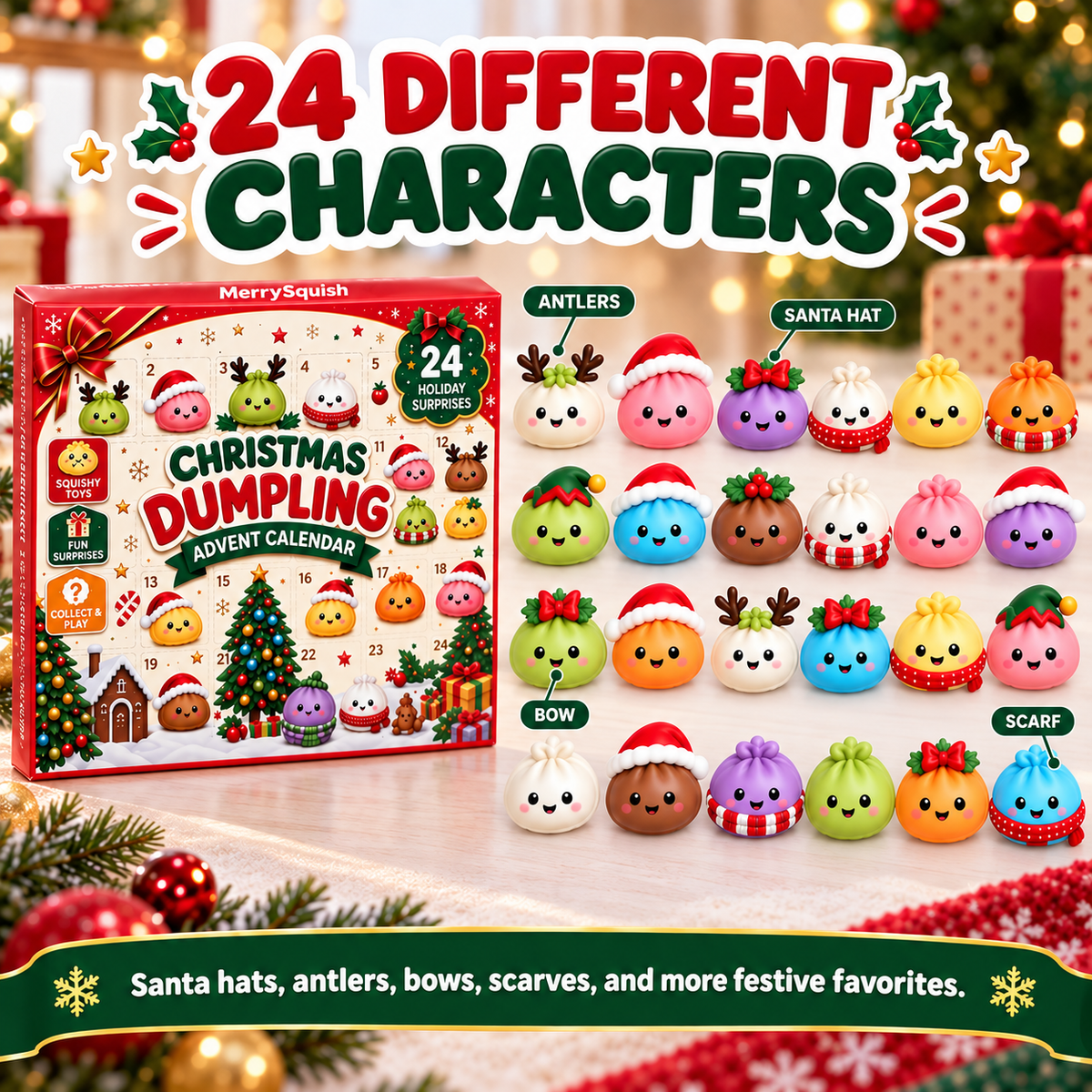 Adventskalender mit 24 kuscheligen Dumplings, weichen Squishies, Weihnachtscountdown-Spielzeug für Kinder und die Feiertage | Sansoti