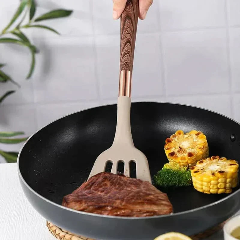 10-teiliges Küchenutensilien-Set aus hitzebeständigem Silikon mit Holzgriffen, antihaftbeschichtetes Kochzubehör, Pfannenwender | Sansoti