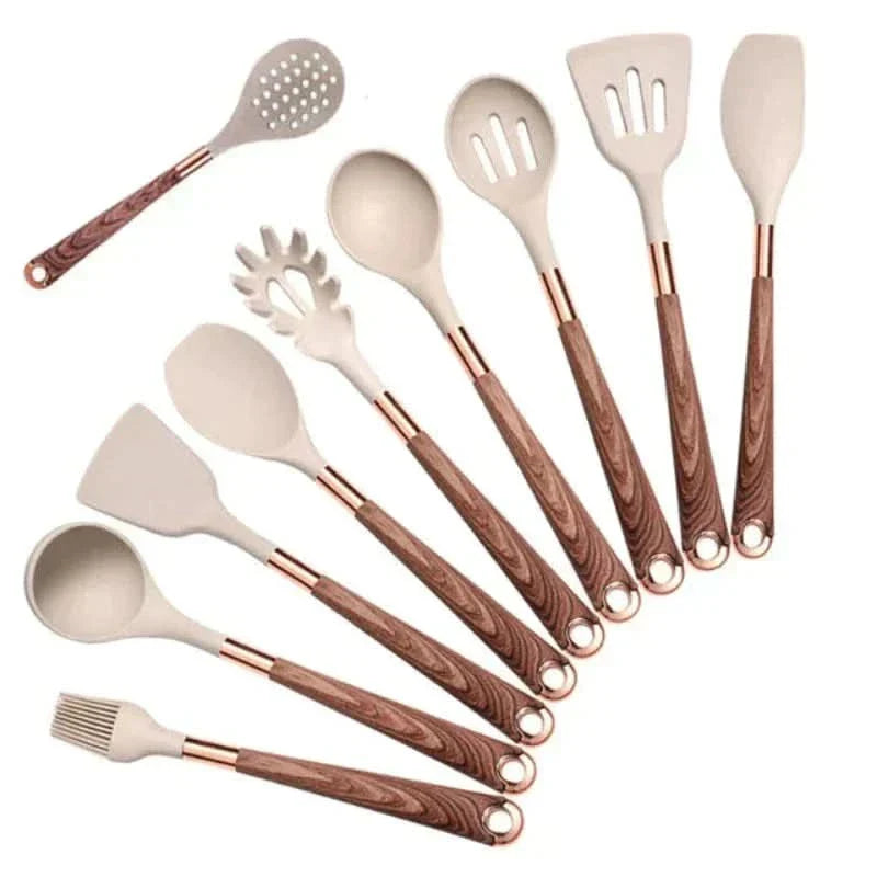 10-teiliges Küchenutensilien-Set aus hitzebeständigem Silikon mit Holzgriffen, antihaftbeschichtetes Kochzubehör, Pfannenwender | Sansoti