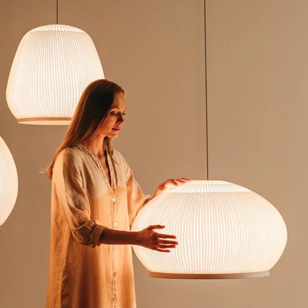 Japandi Hanglamp 3D Lycra 45 cm Beige Eettafel Woonkamer Dimbare LED Hanglamp Scandinavische Verlichting Interieur | Sansoti
