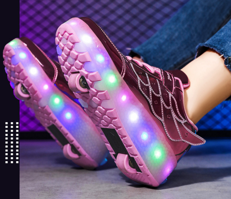 Rollers baskets USB rechargeables Rose avec ailes Enfants Adolescents Chaussures de roller lumineuses LED Sneakers à roues pour l'extérieur | Restfield