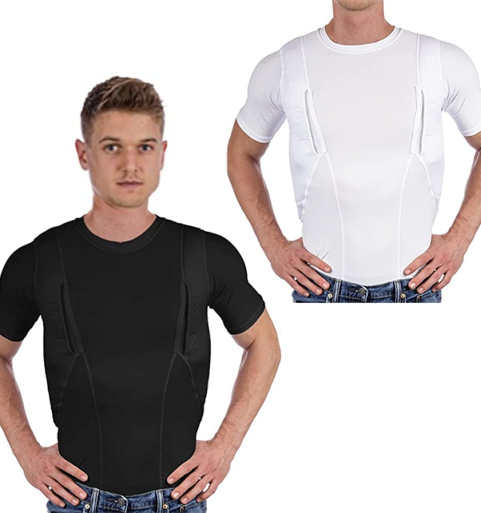 T-shirt tactique avec holsters dissimulés, noir et blanc, élastique, respirant et confortable, pour gauchers et droitiers | Sansoti