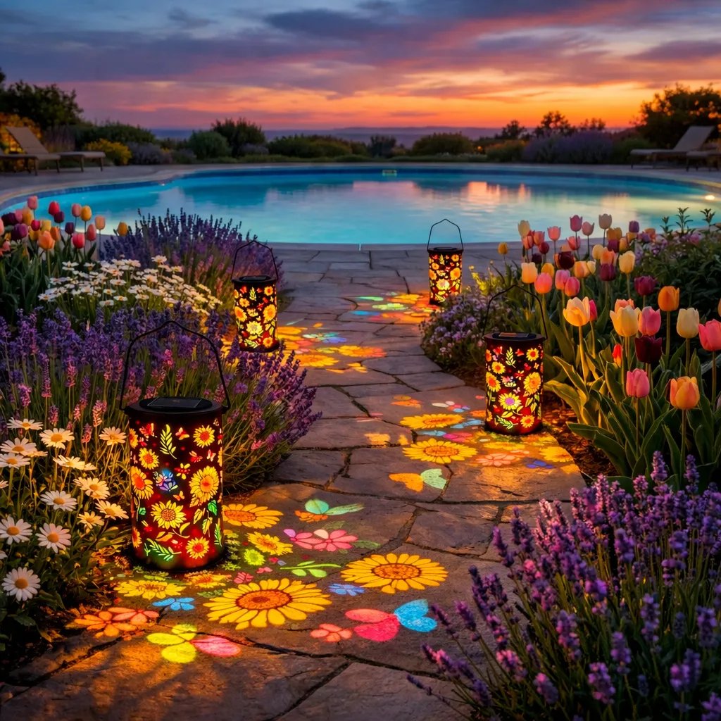 Decoratieve Tuinlantaarn op Zonne-energie met Bloemenpatroon voor Terras en Tuin | Warm & Gekleurd Licht | Sfeerverlichting voor Tuinpad en Balkon | Sansoti