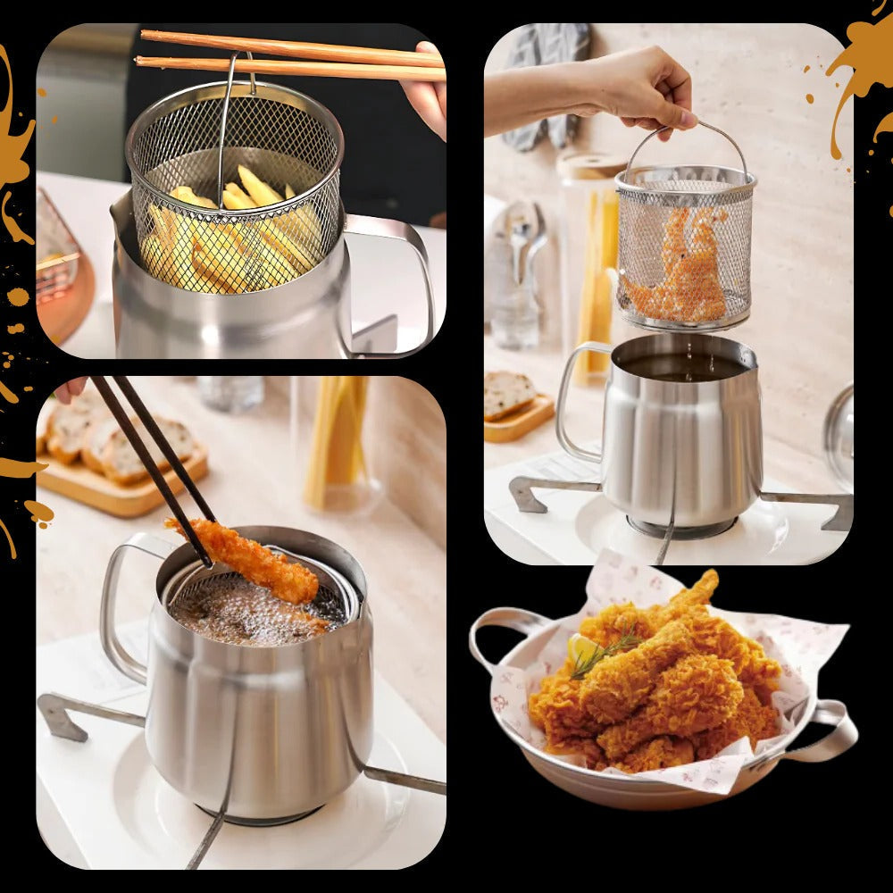 Poêle à frire avec tamis intégré 1,5 L en acier inoxydable, filtre à huile, poignée résistante à la chaleur, friture en cuisine | Sansoti