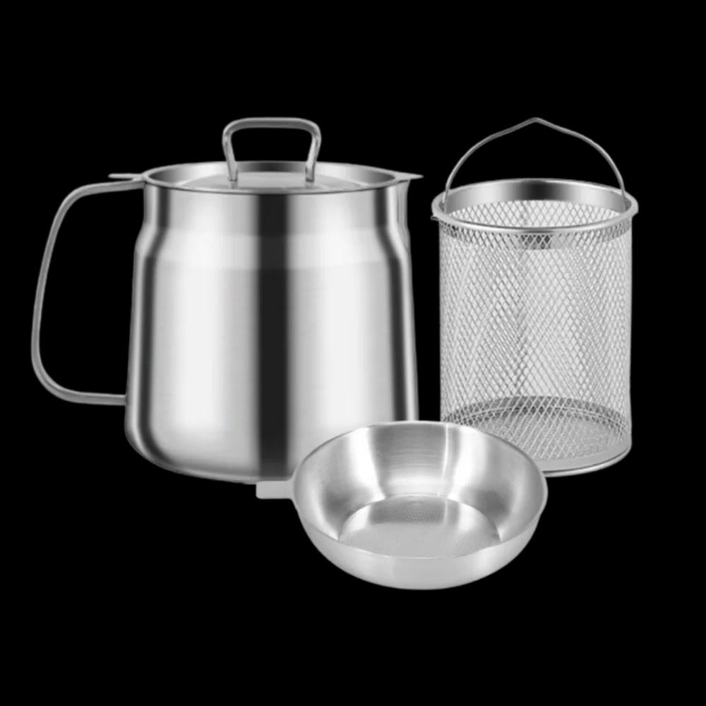 Poêle à frire avec tamis intégré 1,5 L en acier inoxydable, filtre à huile, poignée résistante à la chaleur, friture en cuisine | Sansoti