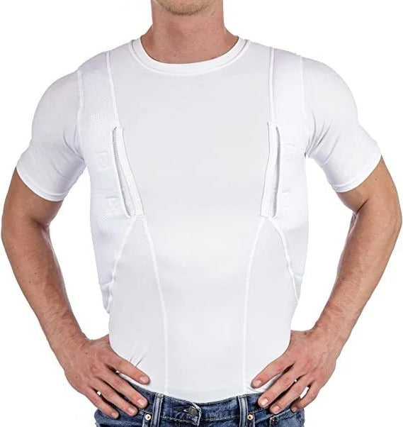 T-shirt tactique avec holsters dissimulés, noir et blanc, élastique, respirant et confortable, pour gauchers et droitiers | Sansoti