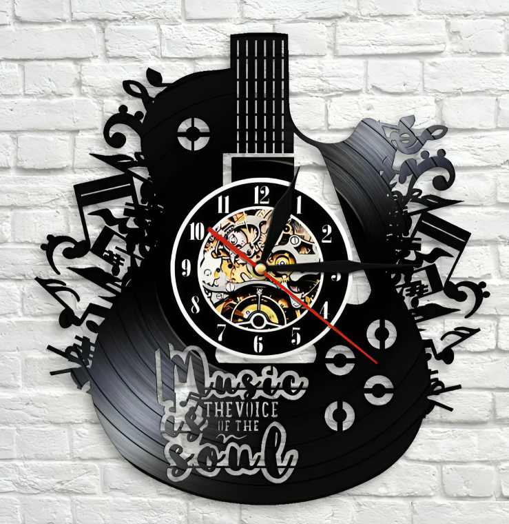 Gitaar Wandklok met Vinylplaat-Ontwerp – Originele Decoratie voor Muziekliefhebbers | Sansoti