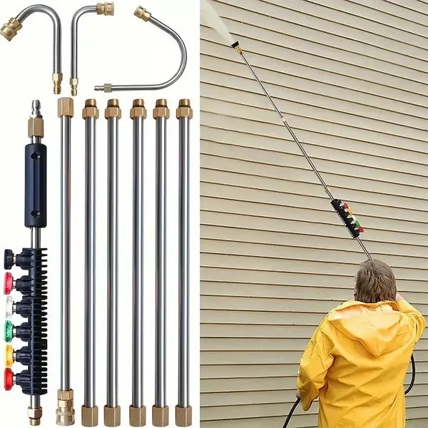Lance télescopique pour nettoyeur haute pression, portée de 7,3 m, laiton et acier inoxydable, 4000 PSI, avec buses à code couleur | Sansoti