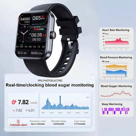 Smartwatch met Glucosemeting 1.91 Inch Touchscreen Zwart Roze | Gezondheidshorloge met Hartslagmeter GPS Slaapanalyse Waterdicht IP67 Sportmodi Notificaties 7 Dagen Accuduur | Sansoti