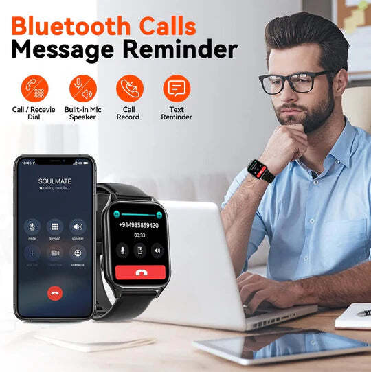 Smartwatch met Glucosemeting 1.91 Inch Touchscreen Zwart Roze | Gezondheidshorloge met Hartslagmeter GPS Slaapanalyse Waterdicht IP67 Sportmodi Notificaties 7 Dagen Accuduur | Sansoti