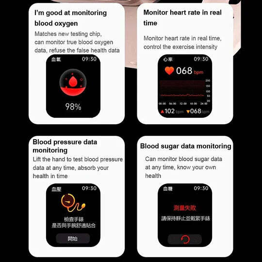 Smartwatch met Glucosemeting 1.91 Inch Touchscreen Zwart Roze | Gezondheidshorloge met Hartslagmeter GPS Slaapanalyse Waterdicht IP67 Sportmodi Notificaties 7 Dagen Accuduur | Sansoti