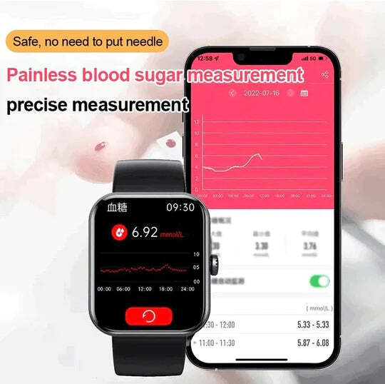 Smartwatch met Glucosemeting 1.91 Inch Touchscreen Zwart Roze | Gezondheidshorloge met Hartslagmeter GPS Slaapanalyse Waterdicht IP67 Sportmodi Notificaties 7 Dagen Accuduur | Sansoti