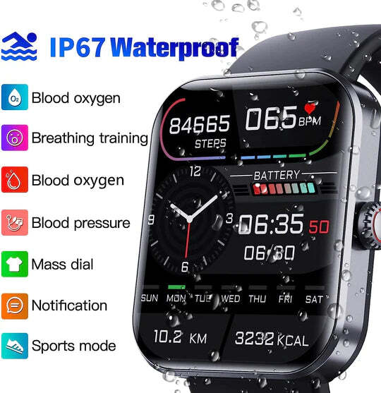 Smartwatch met Glucosemeting 1.91 Inch Touchscreen Zwart Roze | Gezondheidshorloge met Hartslagmeter GPS Slaapanalyse Waterdicht IP67 Sportmodi Notificaties 7 Dagen Accuduur | Sansoti