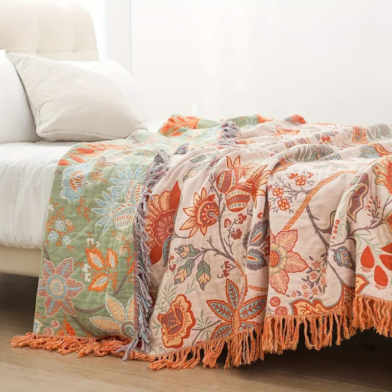 Katoenen Plaid met Boho Bloemenmotief – Oranje en Blauw op Crèmekleurige Ondergrond met Franjes – Decoratieve Sprei voor Bank en Bed | Sansoti