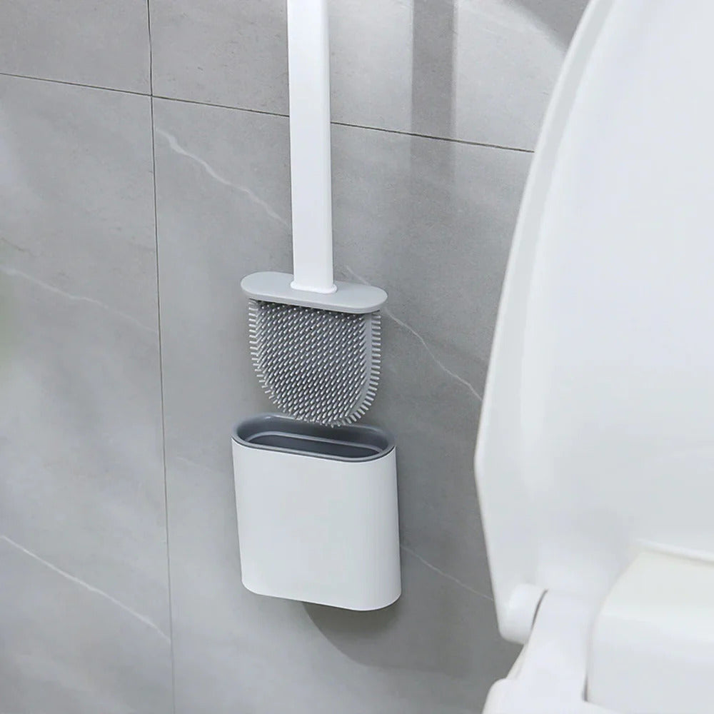 Brosse de toilette en silicone antibactérienne avec support mural, poils flexibles, hygiénique et peu encombrante | Sansoti