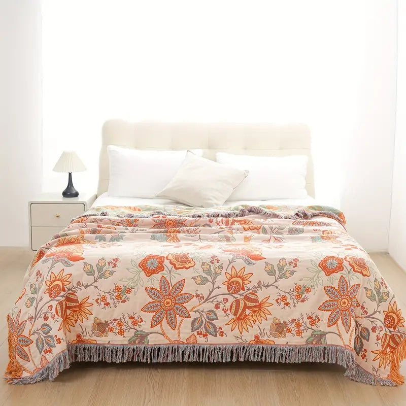 Katoenen Plaid met Boho Bloemenmotief – Oranje en Blauw op Crèmekleurige Ondergrond met Franjes – Decoratieve Sprei voor Bank en Bed | Sansoti