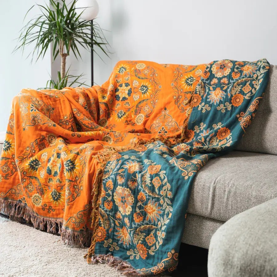 Omkeerbare Katoenen Plaid Marigold – Zachte Deken met Bloemenpatroon Oranje Turquoise – Vintage Landelijke Stijl voor Bank Picknick Bed | Sansoti