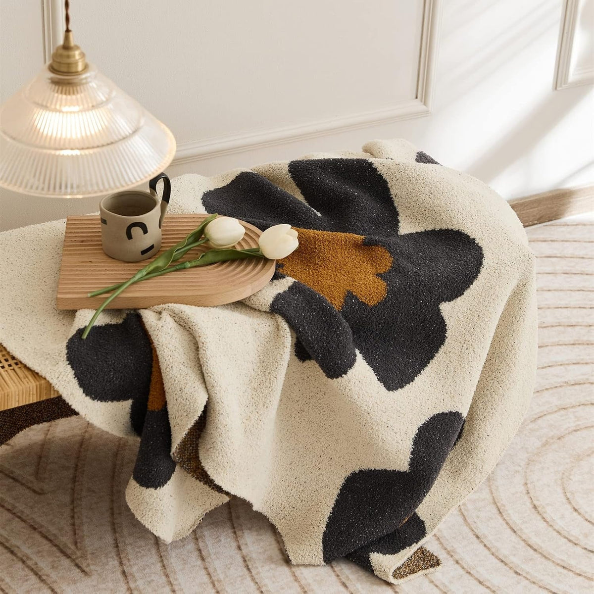 Plaid tricoté à motif floral 120x150cm – Couverture douce au design scandinave pour canapé, lit et salon | Sansoti