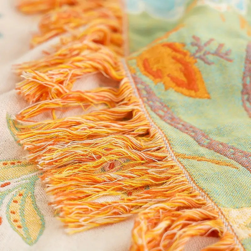 Katoenen Plaid met Boho Bloemenmotief – Oranje en Blauw op Crèmekleurige Ondergrond met Franjes – Decoratieve Sprei voor Bank en Bed | Sansoti