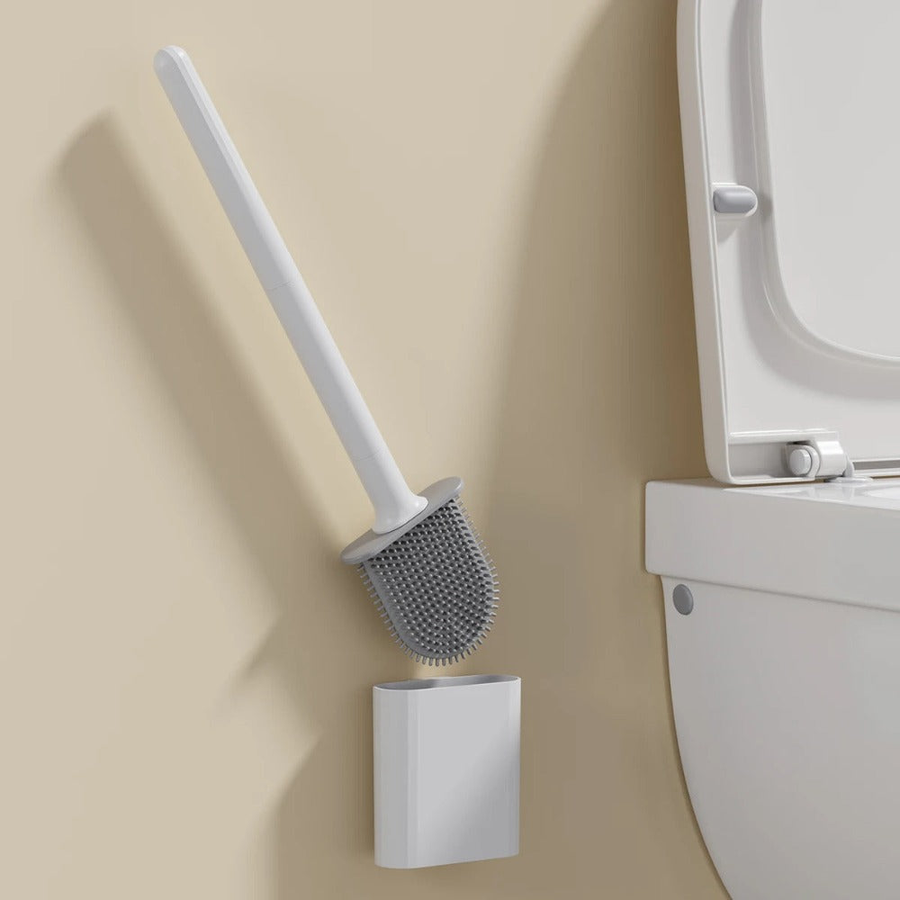Brosse de toilette en silicone antibactérienne avec support mural, poils flexibles, hygiénique et peu encombrante | Sansoti